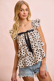 BIBI Polka Dot Ruffled Bow Tied Square Neck Sleeveless Top on Simply Obsessed