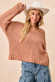 BiBi Chunky Knit Sweater with Flower Detail Sleeves on Simply Obsessed