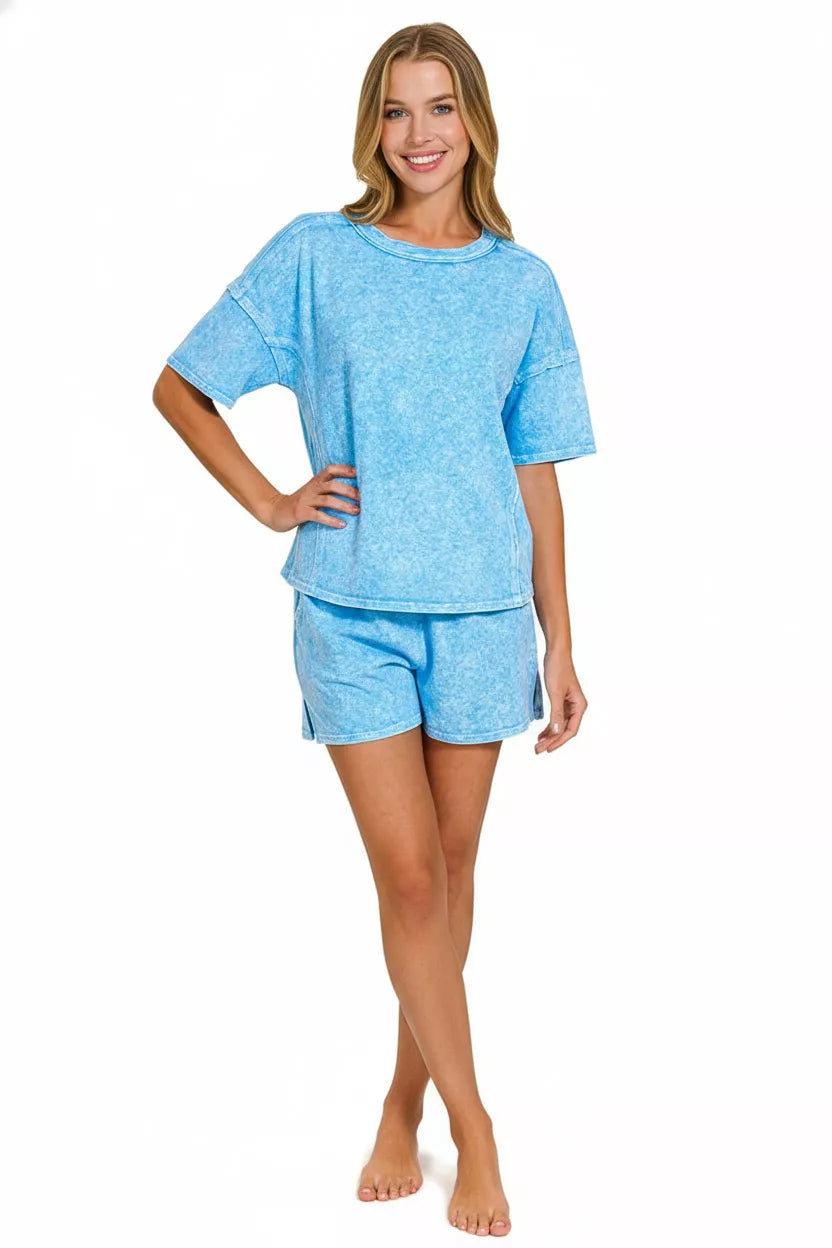 ZENANA Halo Snow Washed Short Sleeve Tee and Shorts Set on Simply Obsessed