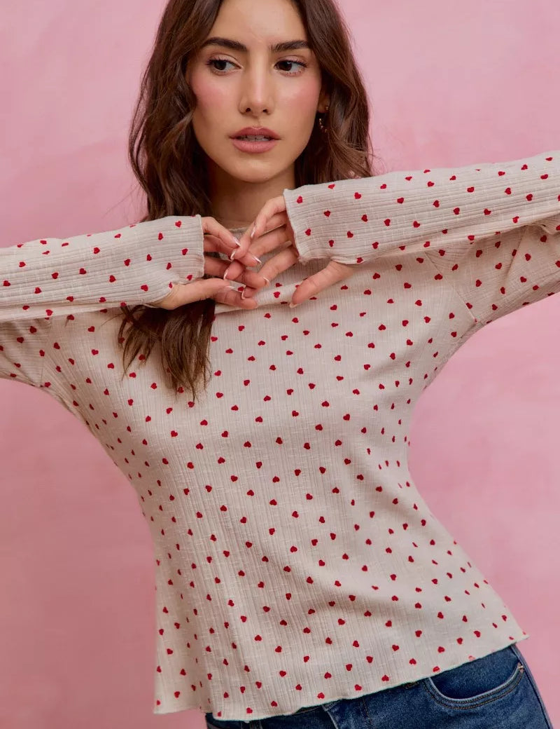 SO ME Ditsy Heart All Over Slub Rib Knit Valentine Top on Simply Obsessed