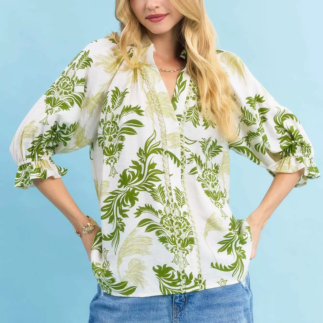 UMGEE Leafy Damask Print Blouse with Contrast Scalloped Trim Detail on Simply Obsessed