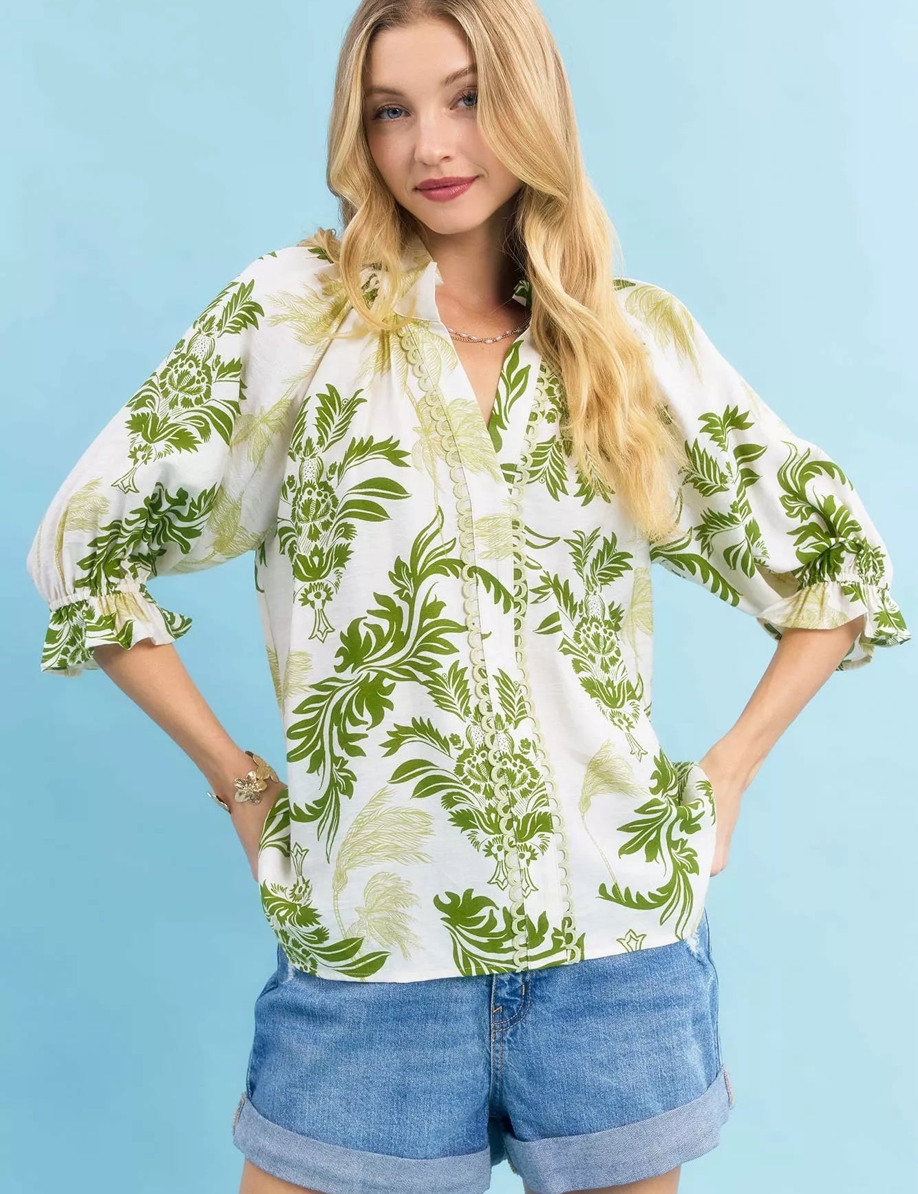 UMGEE Leafy Damask Print Blouse with Contrast Scalloped Trim Detail on Simply Obsessed