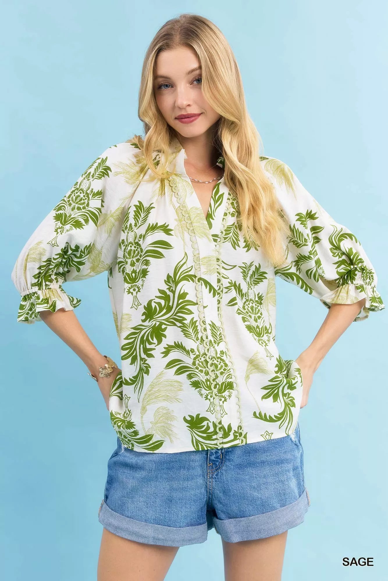 UMGEE Leafy Damask Print Blouse with Contrast Scalloped Trim Detail on Simply Obsessed