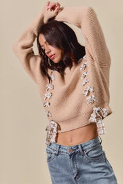 SO ME Checkered Plaid Tape Lace Up Ribbed Sweater on Simply Obsessed