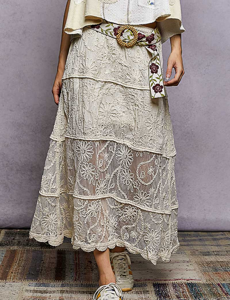 POL Floral Embroidered Tiered Crochet Skirt on Simply Obsessed