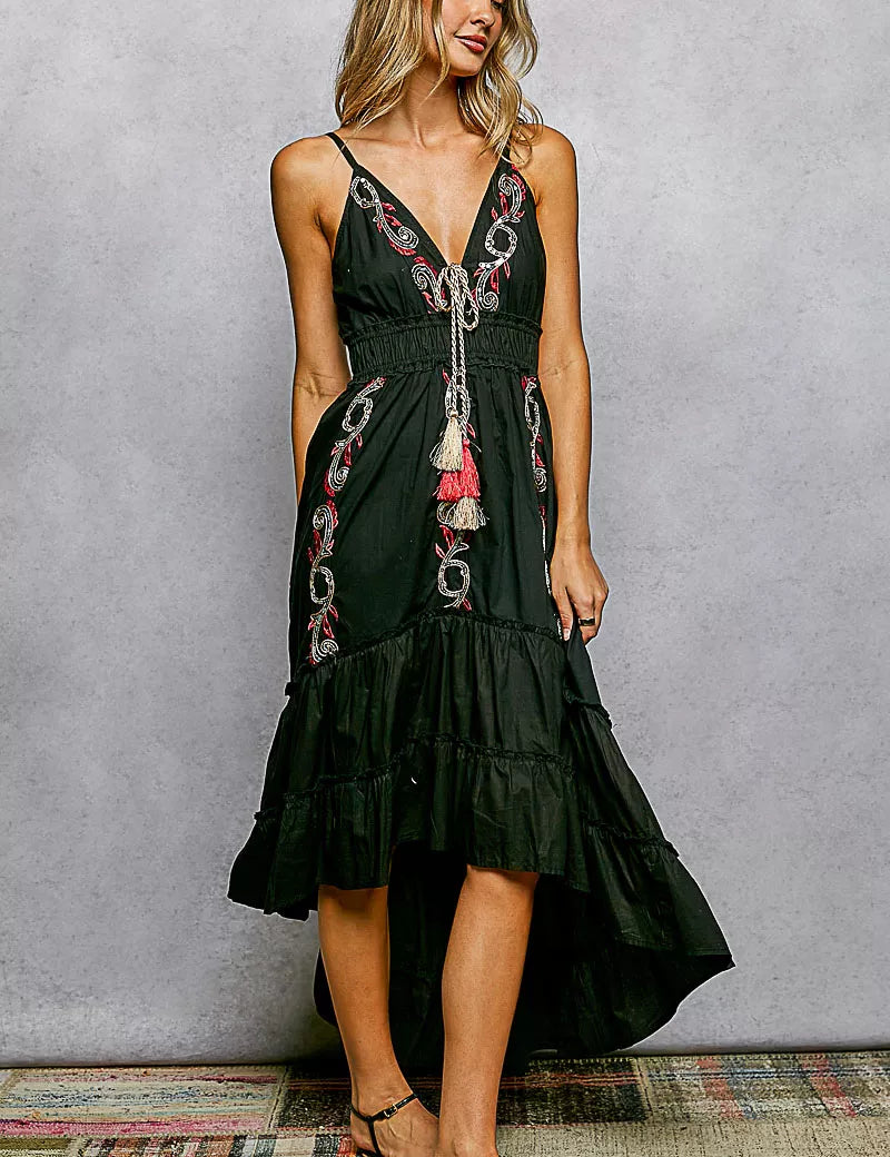 POL Embroidered Detail Tassel Tie Smocked Waist Midi Tiered Cami Dress on Simply Obsessed