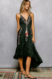 POL Embroidered Detail Tassel Tie Smocked Waist Midi Tiered Cami Dress on Simply Obsessed