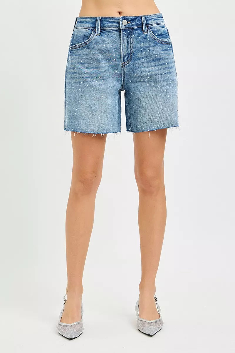 RISEN Slouchy Mid Length All Over Rhinestones Shorts on Simply Obsessed