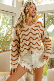 BiBi Wavy Stripes V-Neck Cropped Sweater on Simply Obsessed
