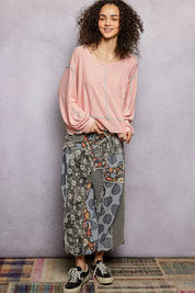 POL Round Neck Long Sleeve Exposed Seam Top with Chest Pocket on Simply Obsessed