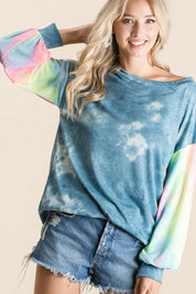 BiBi Tie Dye French Terry Top With Contrast Tie Dye on Simply Obsessed