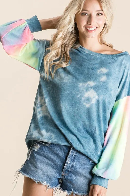 BiBi Tie Dye French Terry Top With Contrast Tie Dye on Simply Obsessed