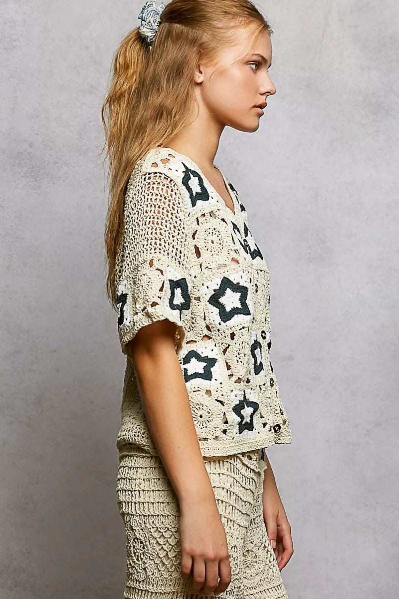 POL Button Front V-Neck Crochet Cardigan with Contast Star on Simply Obsessed