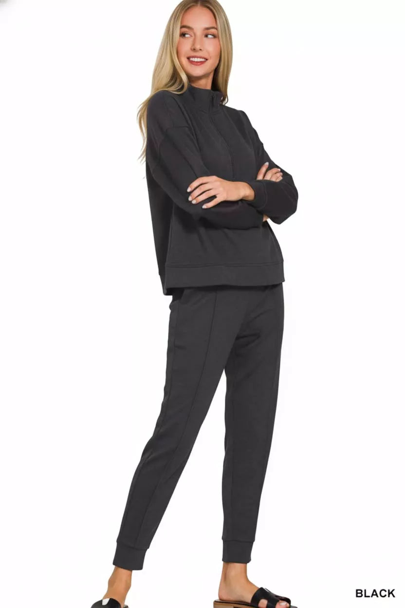 Zenana Scuba Half Zip Pullover and Jogger Set on Simply Obsessed
