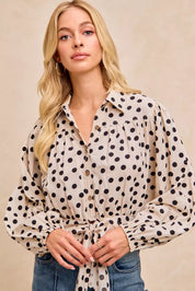 BIBI Polka Dot Print Tie Hem Detail Crop Shirt on Simply Obsessed