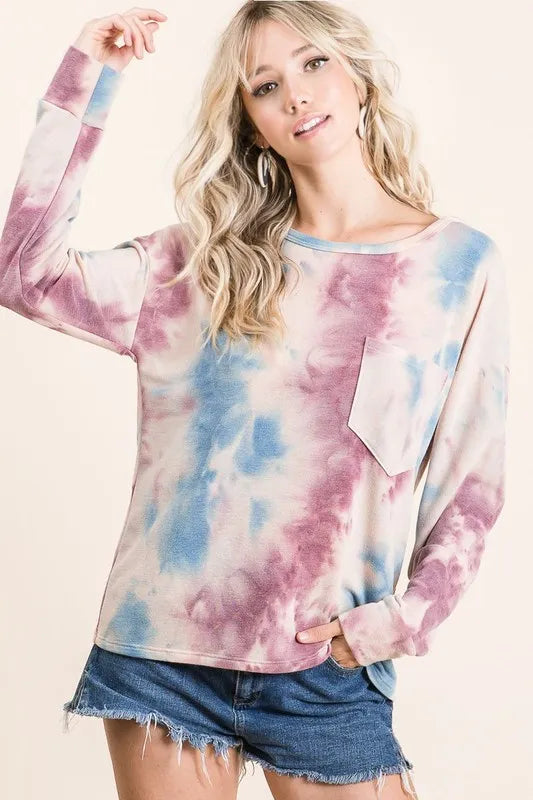 BiBi Tie Dye Print Terry Top With Front Patch Pocket on Simply Obsessed