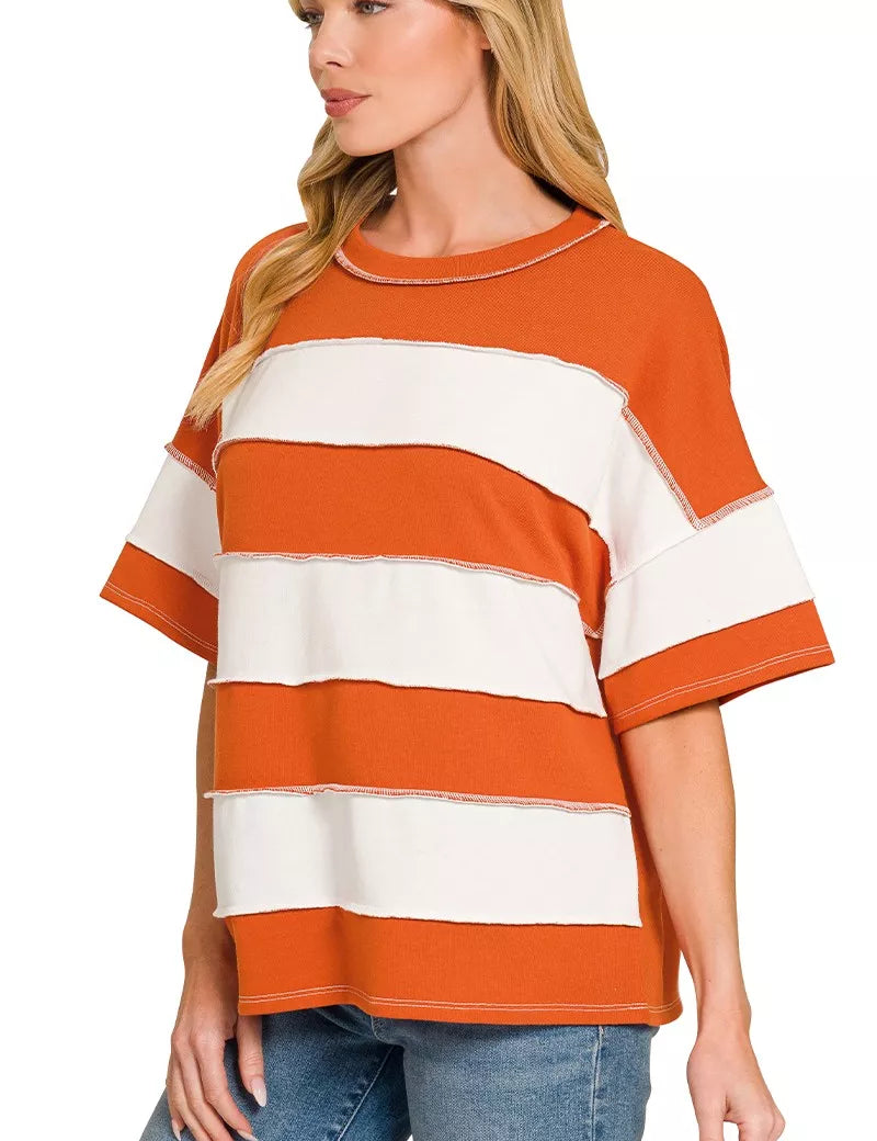 ZENANA French Terry Striped Exposed Seam Top on Simply Obsessed