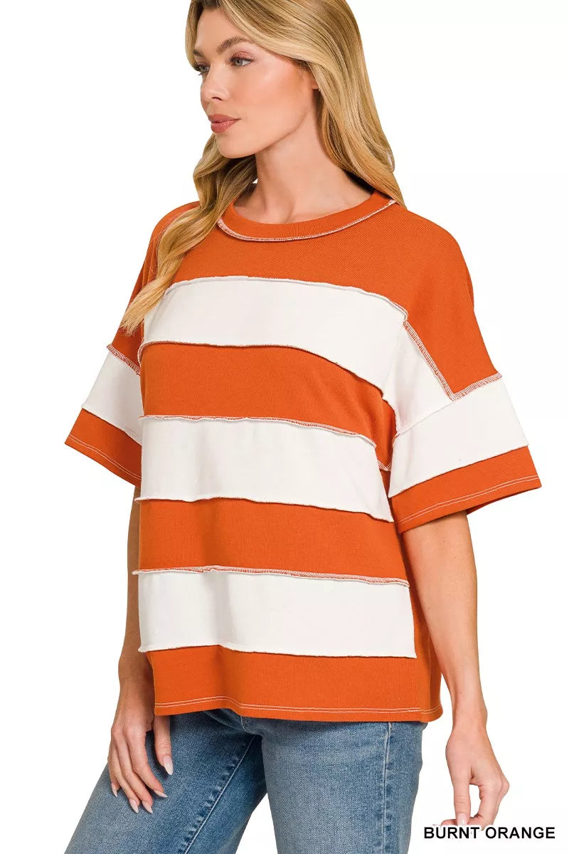 ZENANA French Terry Striped Exposed Seam Top on Simply Obsessed