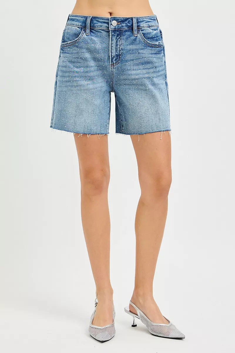 RISEN Slouchy Mid Length All Over Rhinestones Shorts on Simply Obsessed