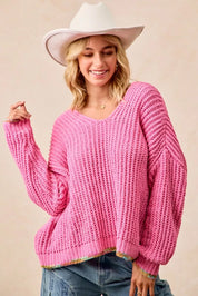 BiBi V-Neck Sweater with Colorful Trim on Simply Obsessed