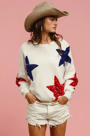 BiBi Velvet Sequin Star Patches Sweater Top on Simply Obsessed