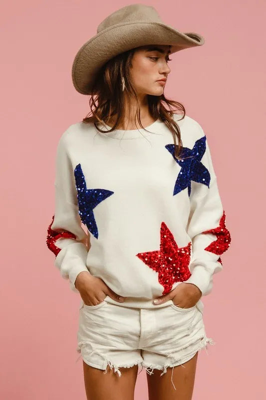 BiBi Velvet Sequin Star Patches Sweater Top on Simply Obsessed