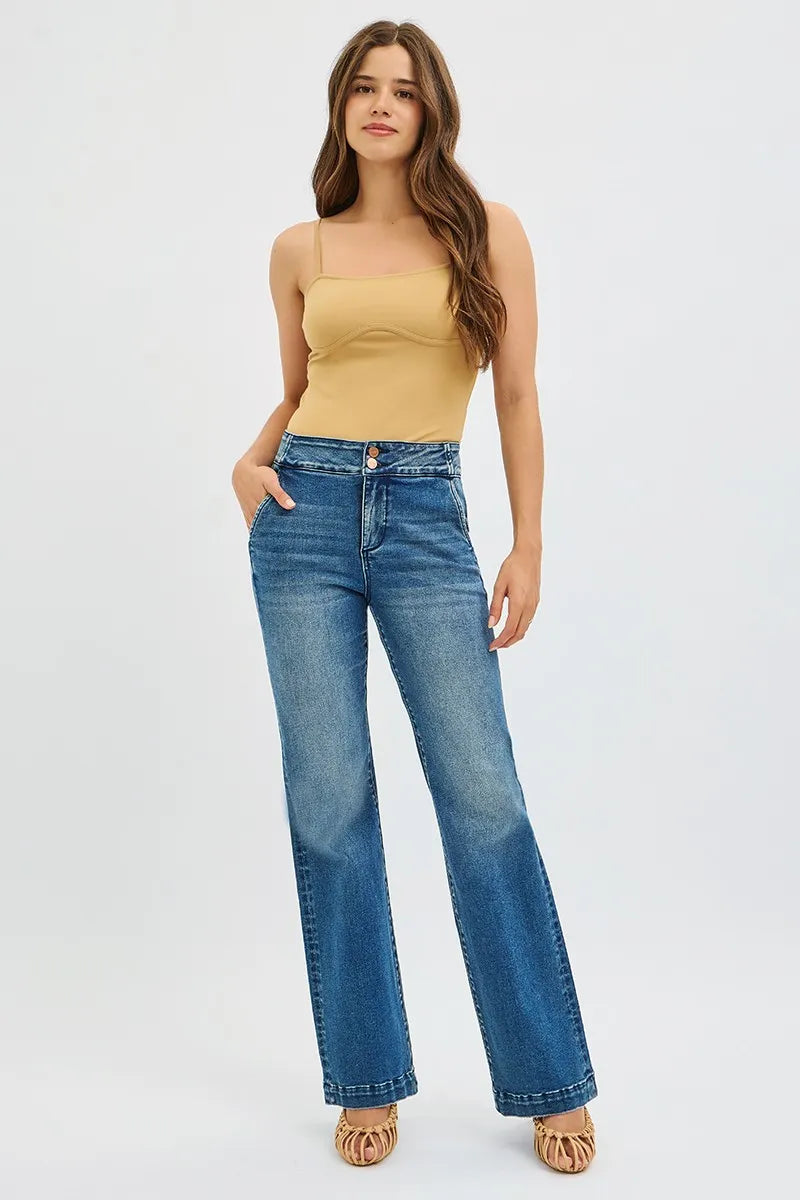 RISEN Full Size Tummy Control High Rise Bootcut Jeans with Double Button Waistband Plus Size on Simply Obsessed