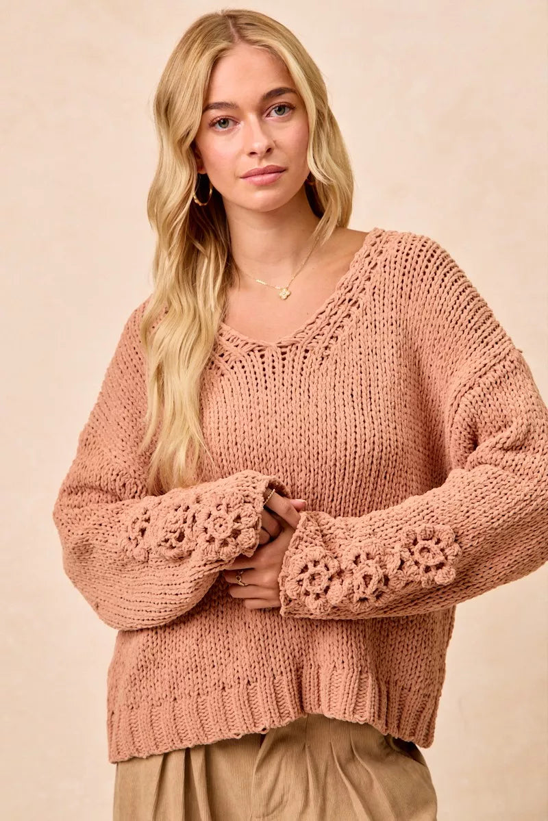 BiBi Chunky Knit Sweater with Flower Detail Sleeves on Simply Obsessed