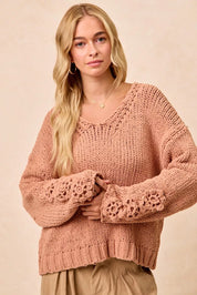 BiBi Chunky Knit Sweater with Flower Detail Sleeves on Simply Obsessed