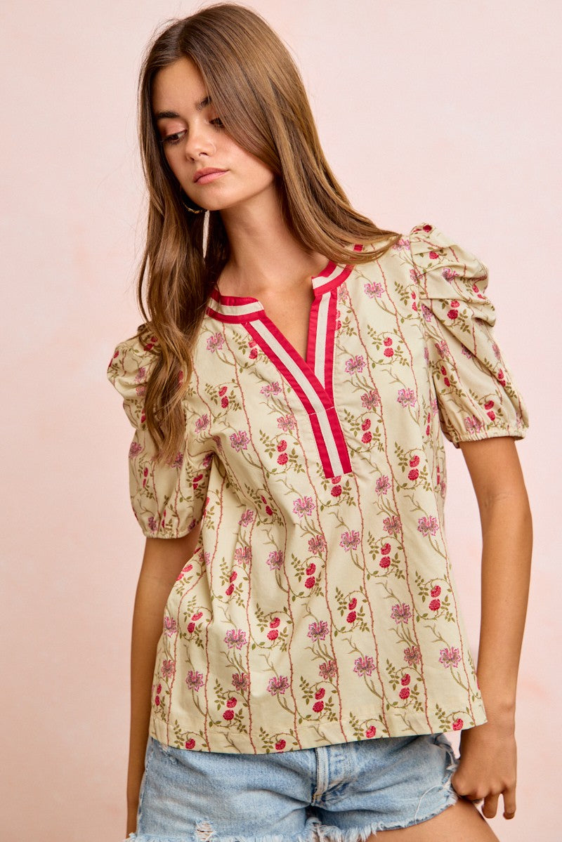 BIBI Floral Gather Sleeves Contrast Neckband Blouse Top on Simply Obsessed