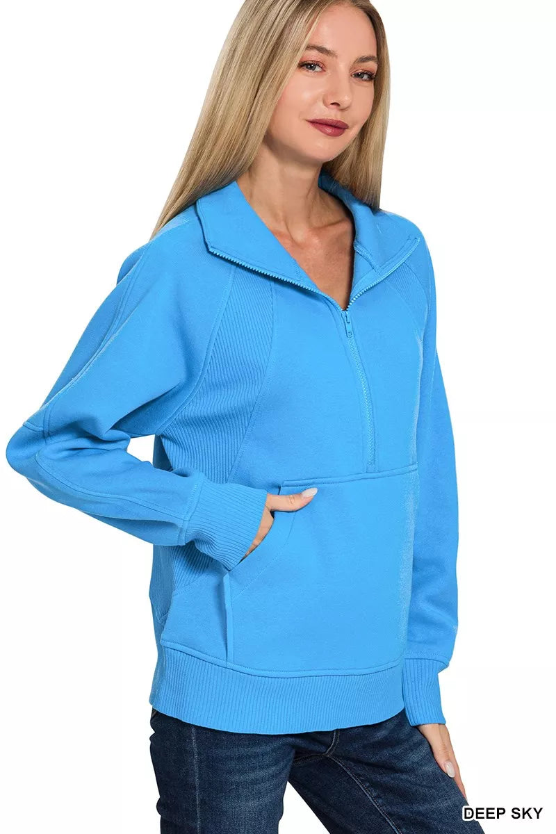 Zenana Half Zip Fleece Sweatshirt with kangaroo Pocket on Simply Obsessed