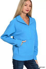 Zenana Half Zip Fleece Sweatshirt with kangaroo Pocket on Simply Obsessed