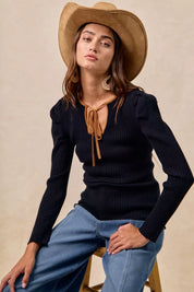 BiBi Ribbed Contrast Front Tied Top with Shrried on Simply Obsessed