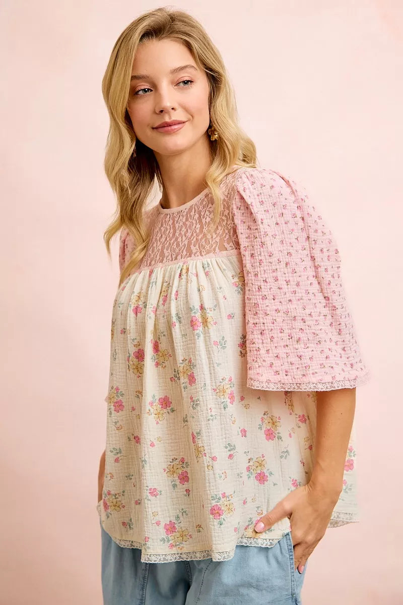 BIBI Crinkle Floral Gauze Mix And Matched Blouse Top on Simply Obsessed