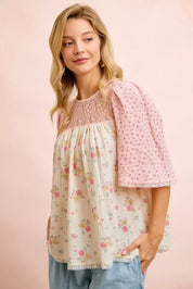 BIBI Crinkle Floral Gauze Mix And Matched Blouse Top on Simply Obsessed