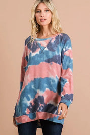 BiBi Tie Dye French Terry Pull Over with Front Stitching Detail on Simply Obsessed