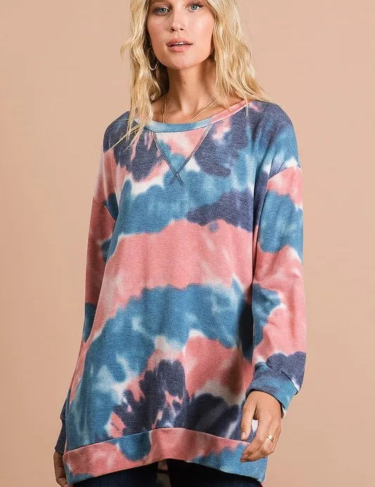 BiBi Tie Dye French Terry Pull Over with Front Stitching Detail on Simply Obsessed