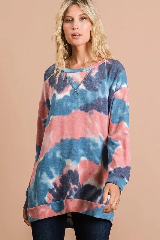 BiBi Tie Dye French Terry Pull Over with Front Stitching Detail on Simply Obsessed