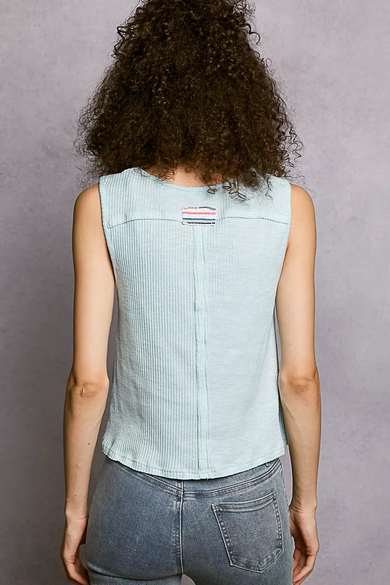 POL Round Neck Stud Point Ribbed Tank with Stripped Star Patch on Simply Obsessed