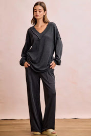 BIBI Two Tone Cord Rib Contrast Stitching V-Neck Top and Pants Set on Simply Obsessed