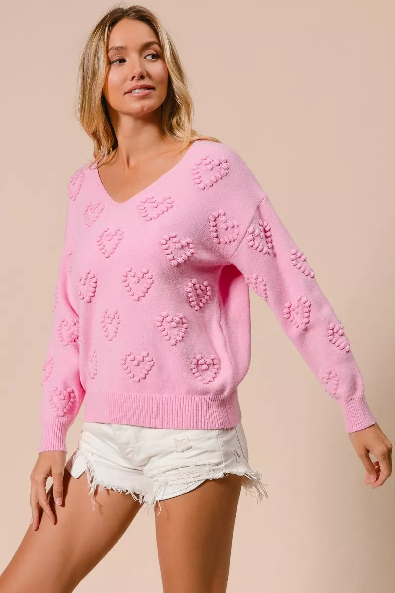 BiBi Valentines Heart Pompom V Neck Knit Top on Simply Obsessed