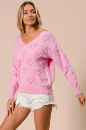 BiBi Valentines Heart Pompom V Neck Knit Top on Simply Obsessed