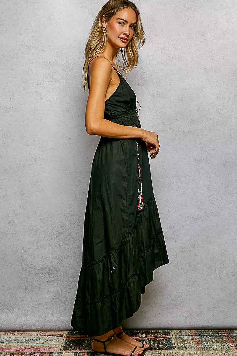 POL Embroidered Detail Tassel Tie Smocked Waist Midi Tiered Cami Dress on Simply Obsessed