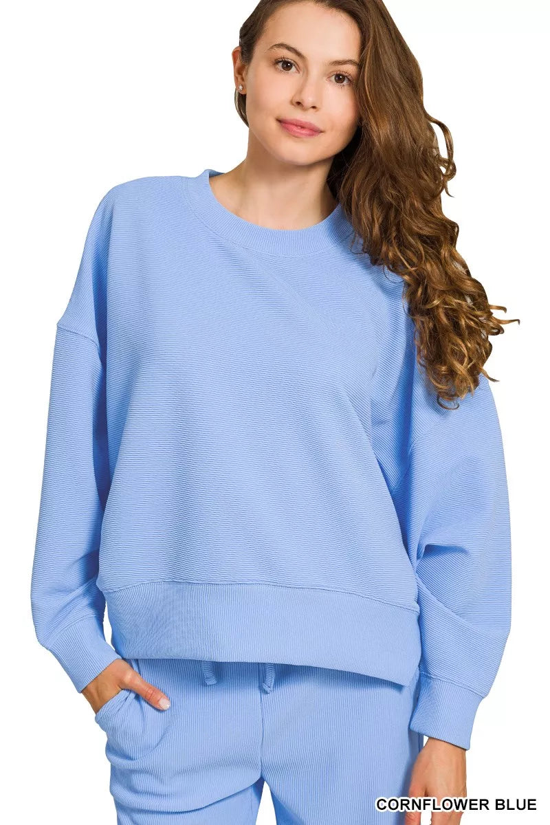 ZENANA Ribbed Round Neck Pullover and Drawstring Pants Set on Simply Obsessed