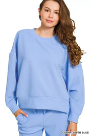 ZENANA Ribbed Round Neck Pullover and Drawstring Pants Set on Simply Obsessed