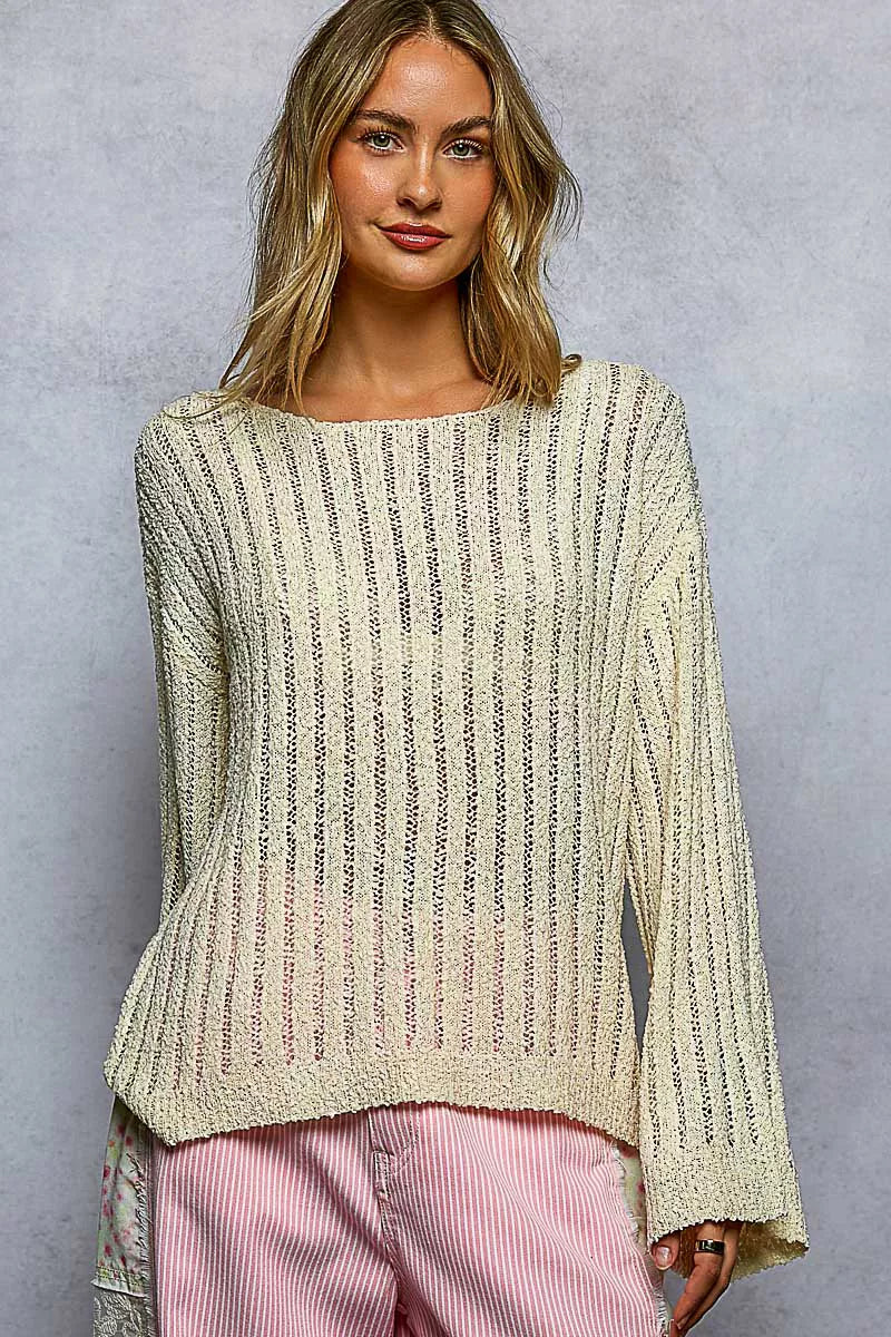 POL Round Neck Long Sleeve Open Weave Sweater on Simply Obsessed