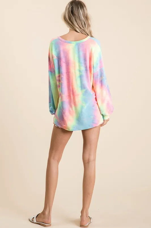 BIBI Tie Dye French Terry Top With Balloon Sleeves on Simply Obsessed