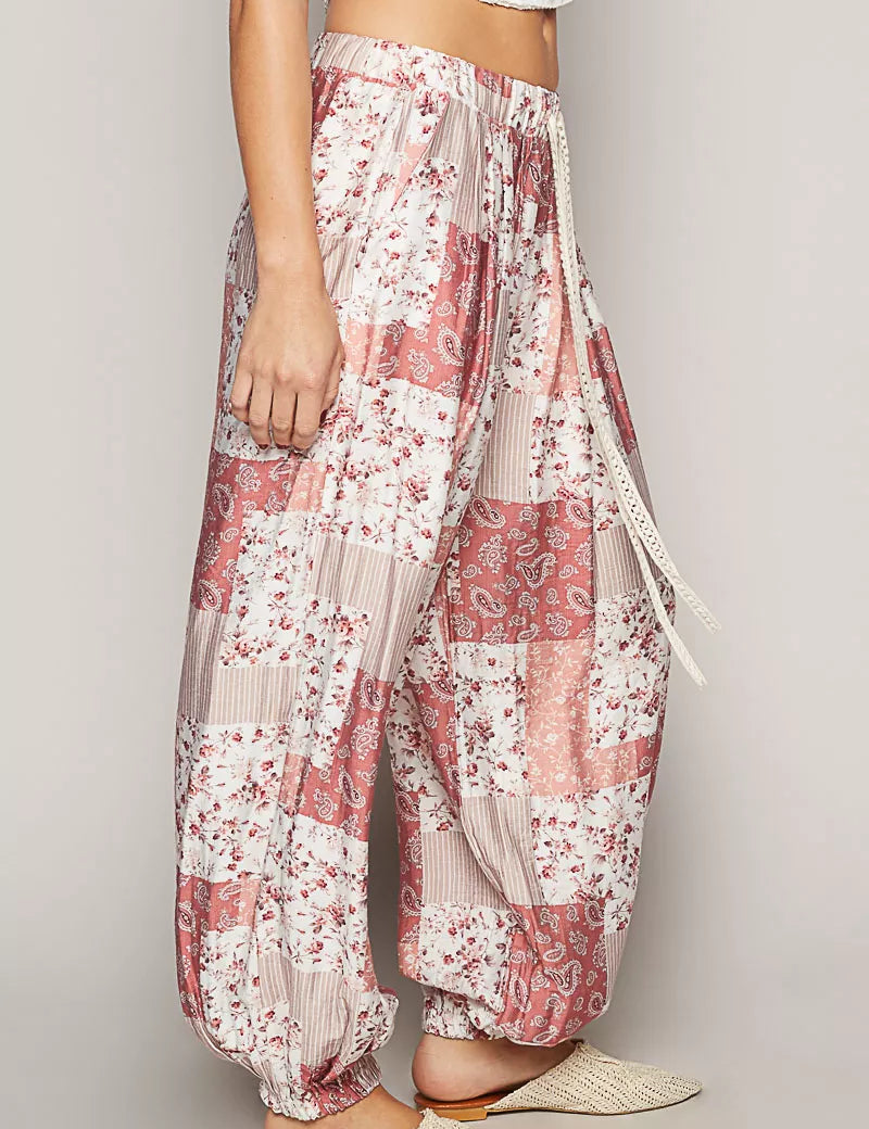 POL Drawstring Floral Patchwork Wide leg Pants on Simply Obsessed