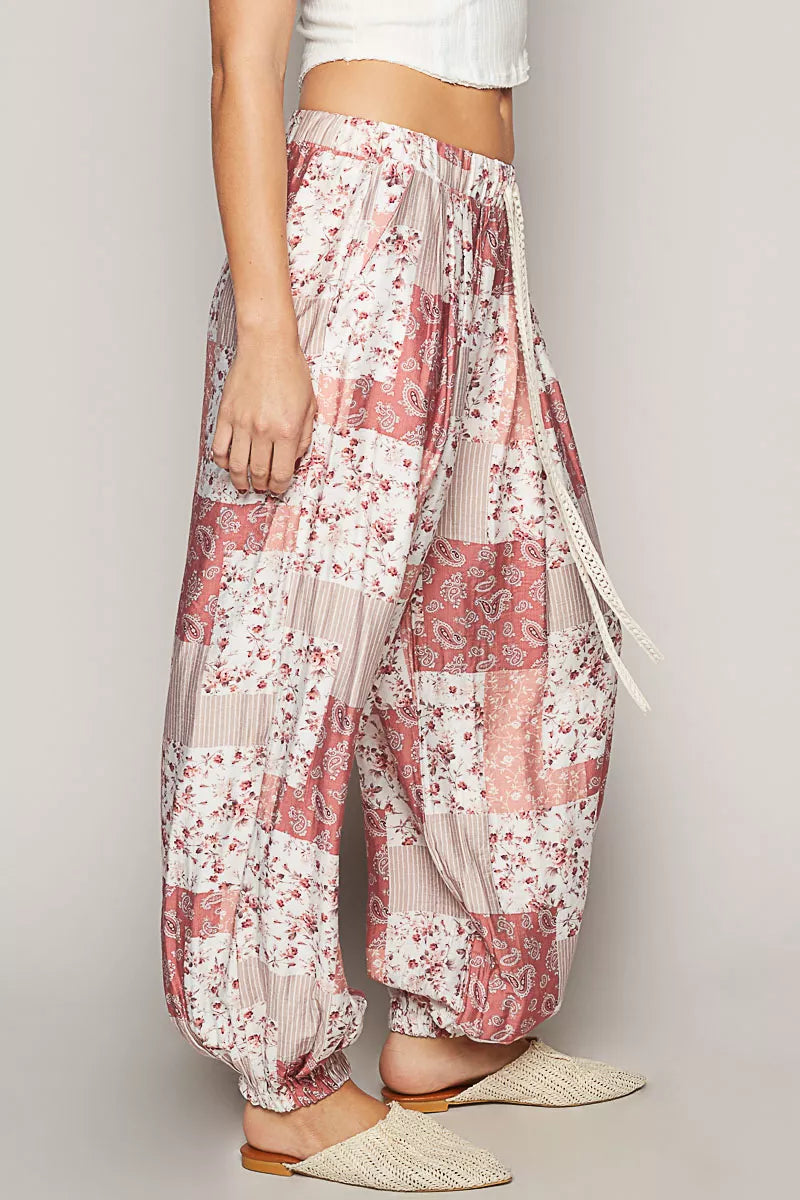POL Drawstring Floral Patchwork Wide leg Pants on Simply Obsessed