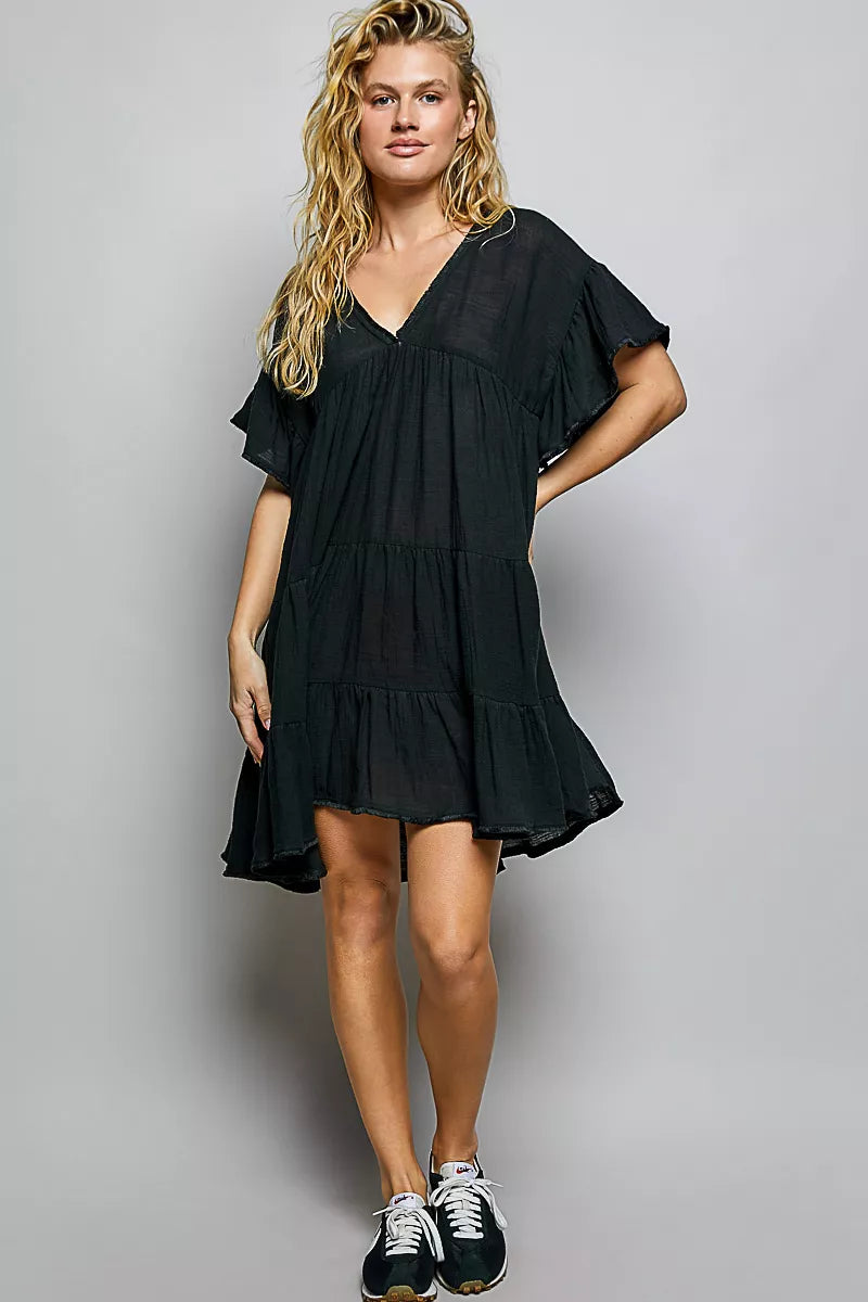 POL Ruffle Shirred V-Neck Short Sleeve Cotton Dress. **FALL DEBUT SALE** on Simply Obsessed